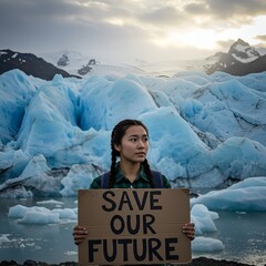 oung Environmental Activist Holding a 'Save Our Future' Sign in Front of a Melting Glacier, Urging Action Against Climate Change