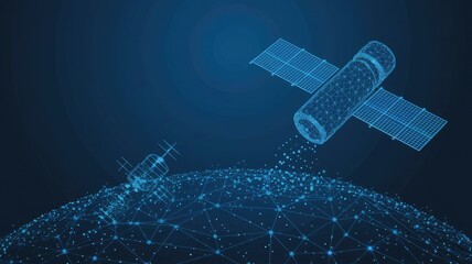 3d satellites polygonal art illustration. Wireless satellite technology, communication or network concept. Abstract vector color wireframe. Digital space dark image with blue lines, dots and stars 