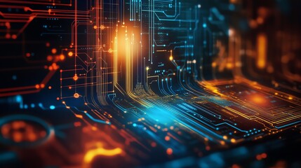 Obraz premium Abstract Digital Circuit Board Technology Background Orange Blue Glowing Lines Futuristic Network Innovation Data Processing Electronic System Modern 