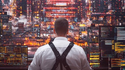 Fototapeta premium Operator Oversees Night Industrial Complex