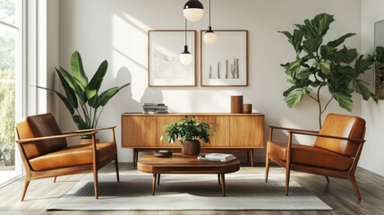 Sunny living room, mid-century modern furniture, plants, relaxation