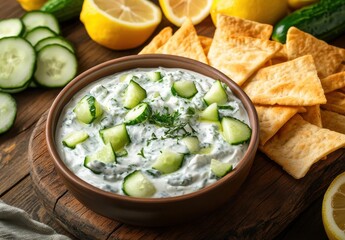 Fresh Creamy Dip with Cucumbers and Crunchy Chips Surrounded by Fresh Lemons and Green Cucumbers on Rustic Wooden Platter