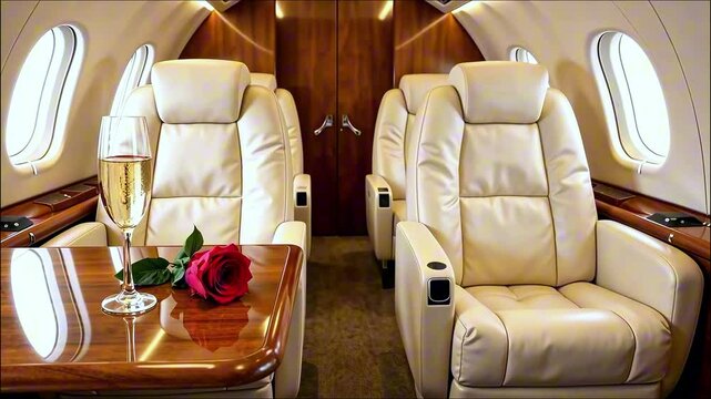 Luxury private jet interior with champagne and red rose, romantic setting. Concept of luxury travel, romantic getaway, executive transportation.