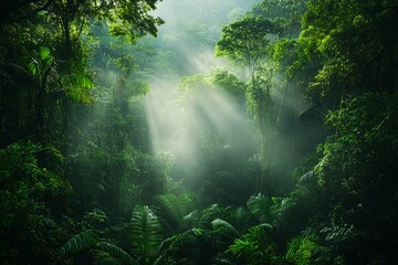 Obraz premium Sunlight Pierces Through Lush Green Jungle Foliage Creating Atmospheric Lighting