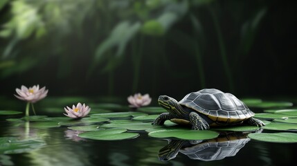 Obraz premium Turtle Resting on Lily Pad with Reflection in Pond Water