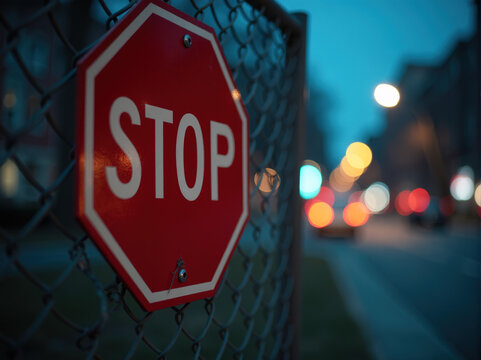Close-up of a red octagonal stop sign attached to a chain-link fence at dusk, with blurred city lights in the background.