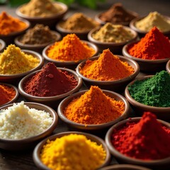 Fototapeta premium A collection of colorful spices in small containers on a wooden table, condiments, herbs