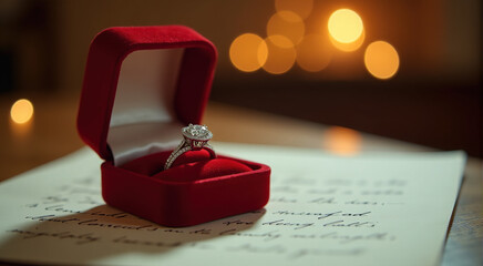 Close-up of a diamond ring in a red box on a handwritten letter. Romantic and intimate setting.