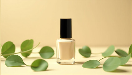 Beige nail polish bottle surrounded by green leaves on a pastel background. Minimalist beauty product photography.