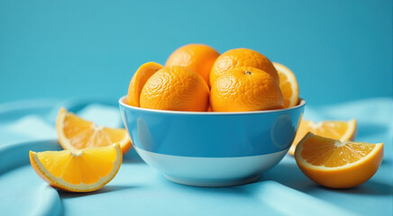 Close-up of fresh oranges in a blue bowl, with additional orange slices around it on a light blue background.