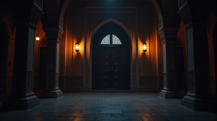 Fototapeta premium Mysterious grand entrance at night. Ornate architecture, dark interior with warm lamplight. Ideal for mystery, suspense, or luxury themes.