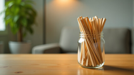 Wooden coffee stirrers in a glass jar on a wooden table. Blurred background.
