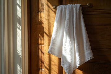 White linen towel hanging on wooden door.  Sunlight streams through window