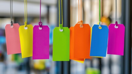 A collection of brightly colored discount tags hanging in a store during Black Friday, offering huge savings on various products.