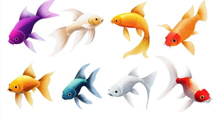 Naklejka premium A collection of colorful fish clipart in a flat design style, featuring tropical fish, goldfish, and koi in various playful poses.