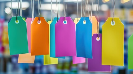 A collection of brightly colored discount tags hanging in a store during Black Friday, offering huge savings on various products.