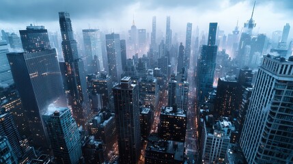A dense urban city skyline viewed from above, with high-rise buildings stretching endlessly into the horizon, bathed in moody ambient light.