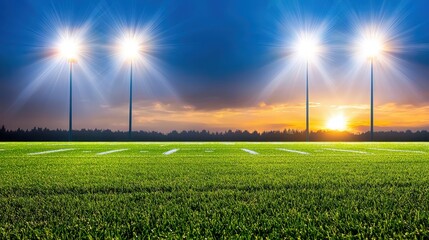 A football field at dusk with bright stadium lights shining down, casting shadows on the grass, creating an atmospheric game-time setting.