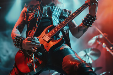 Obraz premium Electric rock guitarist, heavy metal musician playing a badass guitar solo at a concert