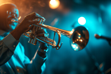 Fototapeta premium Jazz Trumpeter, African American man giving his music full of lights and rhythm, dressed in white in an elegant musical improvisation
