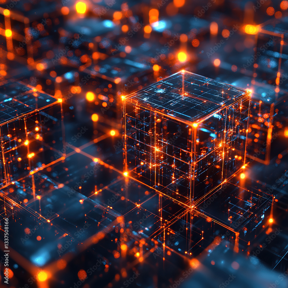 Poster exploring digital cubes virtual space 3d visualization high-tech environment close-up view futuristi