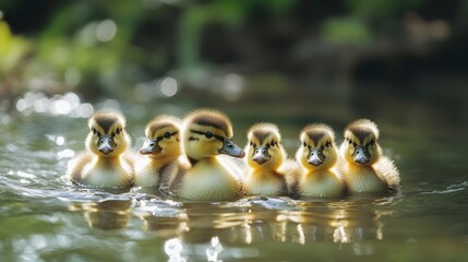Charming scene of ducklings paddling on serene pond in bright light