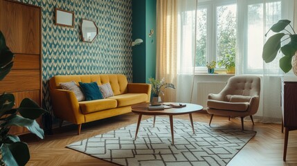 Mid-century modern living room, sunny apartment, geometric rug, plants