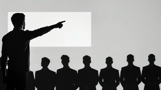 Silhouetted figures in suits approaching a bright gateway, one pointing away, symbolizing discrimination