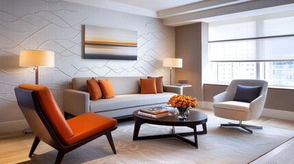 Fototapeta premium A modern living room with a feature wall covered in elegant stitch wallpaper, showcasing detailed fabric patterns that add a warm and inviting atmosphere.