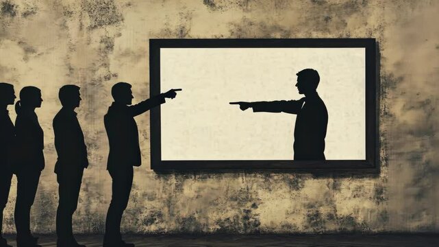 Silhouetted figures witness shadow of man pointing finger, illustrating concept of blame and discrimination