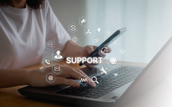 Information technology. Technical support customer service concept, IT expert assistance remote consulting on laptop with business communication icon. Online call center and global help 24 hrs 7 days.