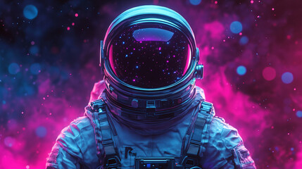 Astronaut in neon space scene cosmic environment digital art futuristic viewpoint exploring the universe