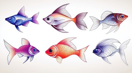 A stylized, hand-drawn fish clipart set with intricate patterns and elegant lines, perfect for decorative or educational use.