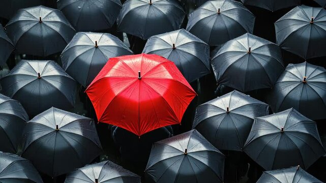 Red umbrella standing out amidst black umbrellas in the rain, symbolizing individuality and discrimination