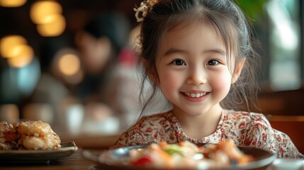 Fototapeta premium Adorable Little Girl Smiling at Restaurant