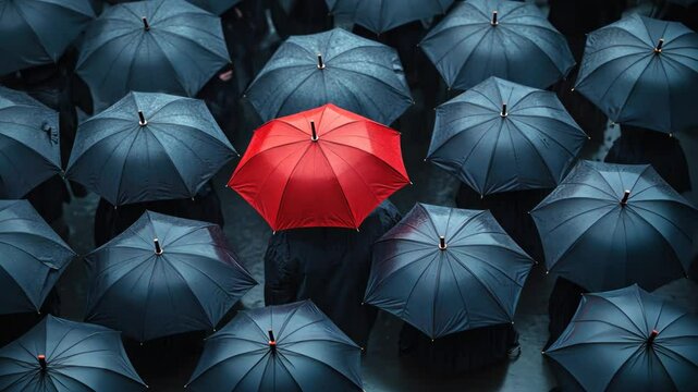 A single red umbrella stands out among black umbrellas in a rainy crowd highlighting discrimination concept