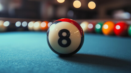 Billiard ball with number 8 on a table with a green cover