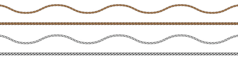 Straight and wavy rope, brown colored silhouette and black outline. Flat vector illustration isolated on white