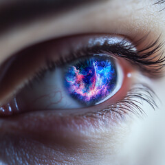 The human eye, in close-up, showing a coloured galaxy