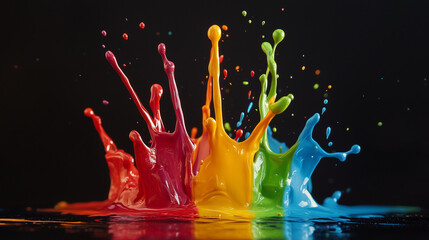 Acrylic paint splashes in the shape of a crown on a dark background. Red, blue, orange, yellow, blue, green.