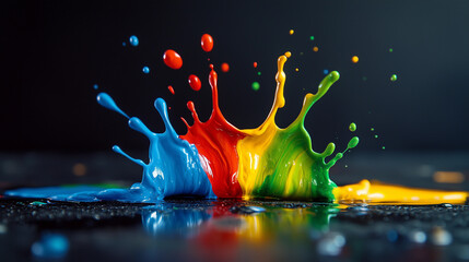 Acrylic paint splashes in the shape of a crown on a dark background. Red, blue, orange, yellow, blue, green.