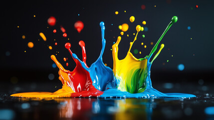 Acrylic paint splashes in the shape of a crown on a dark background. Red, blue, orange, yellow, blue, green.