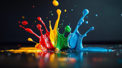 Acrylic paint splashes in the shape of a crown on a dark background. Red, blue, orange, yellow, blue, green.