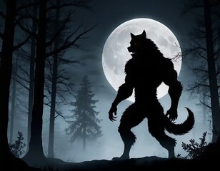 Fearsome werewolf silhouette in a misty forest at night.