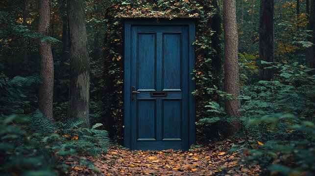 Mysterious doorway surrounded by lush forest enigmatic scene nature tranquil atmosphere depth perspective