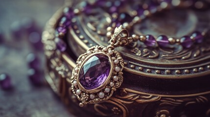 Obraz premium Vintage-style amethyst pendant necklace inside an antique-inspired jewelry box on a muted lavender background