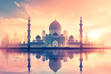 Naklejka premium Majestic Mosque Reflecting in Calm Sunset Waters