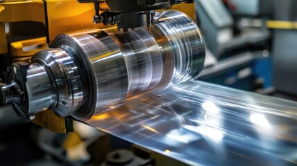 Fototapeta premium Zinc rolling and cutting machine producing thin, shiny sheets