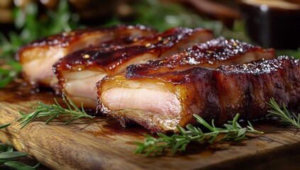 Sliced BBQ ribs on a wooden board.  Close-up view of tender, glazed, and seasoned pork ribs, garnished with fresh rosemary