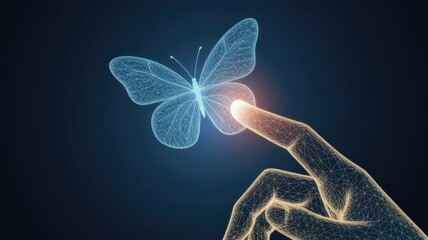 Abstract close-up finger press on the digital blue butterfly. Technology innovation and evolution concept. Butterflies hologram on dark background. Low poly wireframe vector illustration 